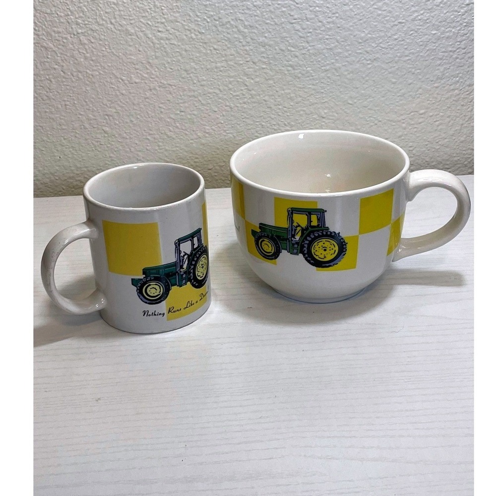 John Deere Gibson Mug and Soup Bowl Set‎ White Green Yellow Tractor Graphics